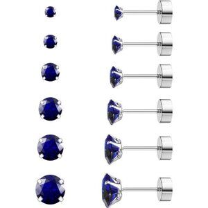 6 Pairs Hypoallergenic Cubic Zirconia Earrings Surgical Steel Flat Back